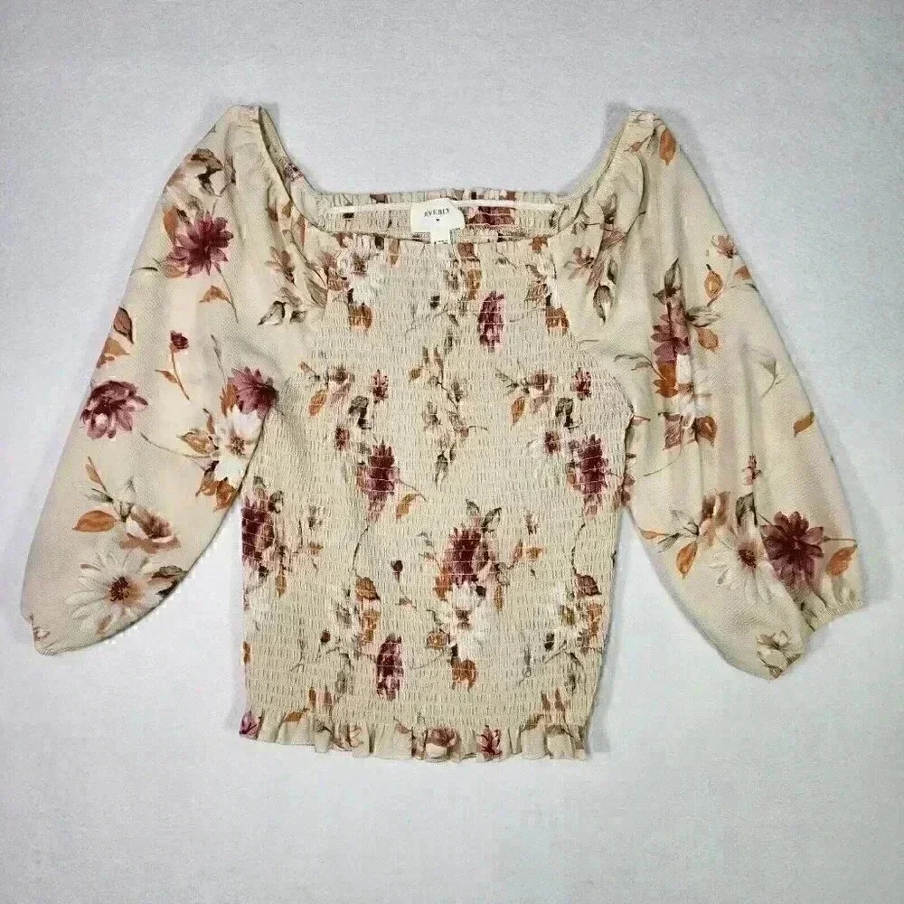 Everly Anthropologie Womens Cropped Floral Smocked Balloon Long Sleeve‎ Blouse M